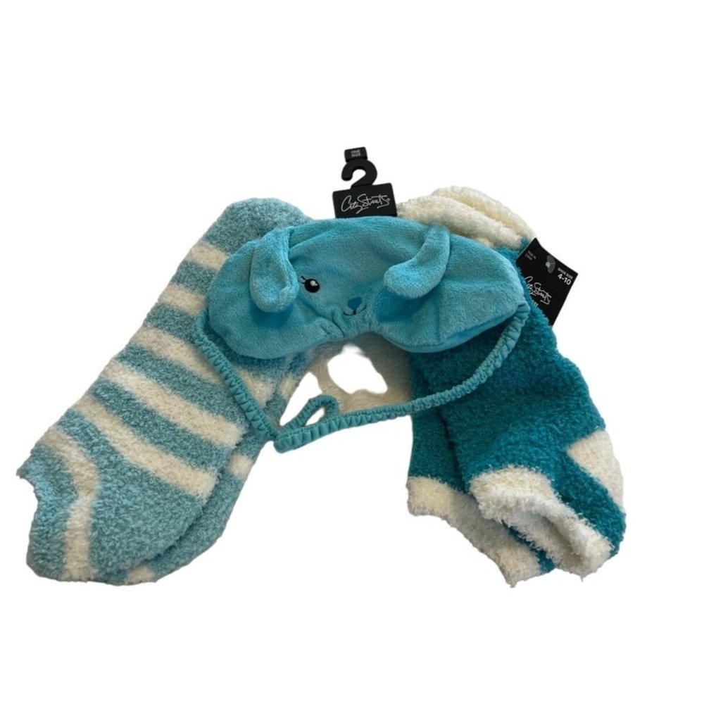 NWT City Streets Combo 2 Sets Blue Turquoise Fuzzy Socks & Eye Mask Comfy Womens